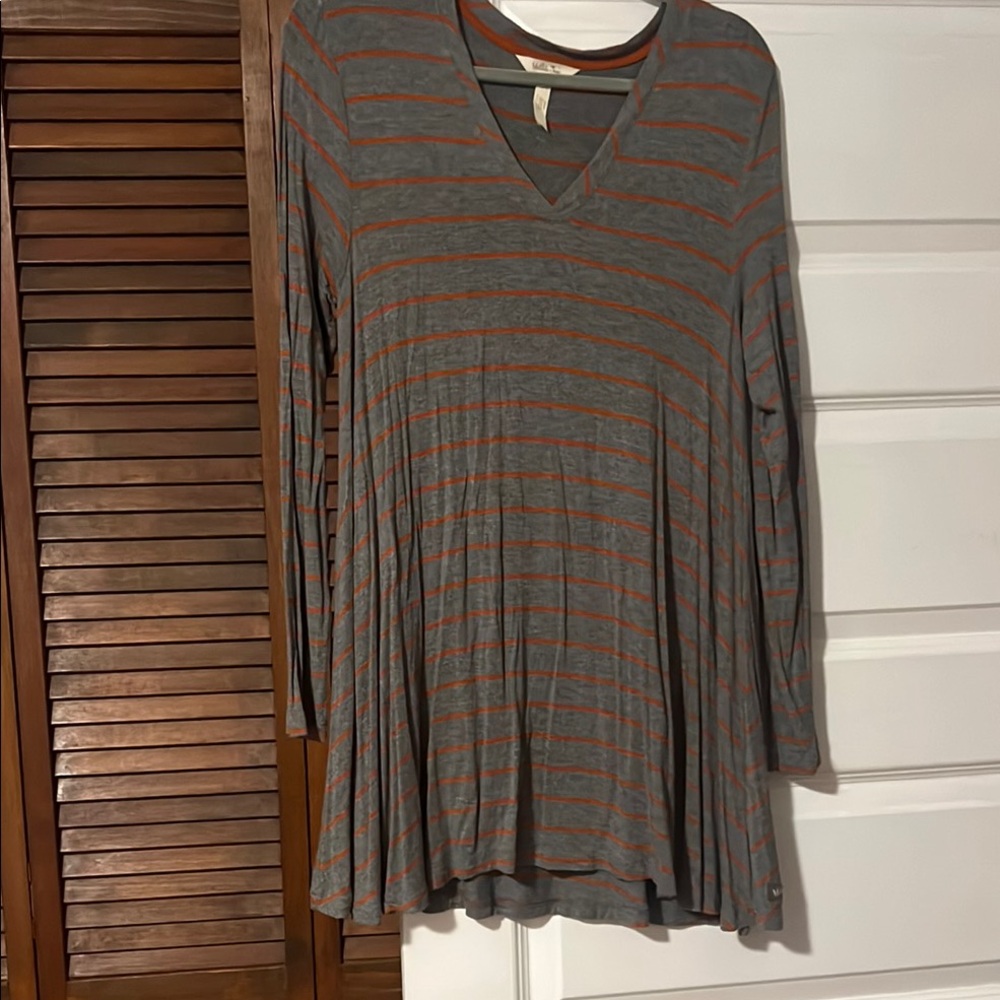 Gray and Orange Striped V-Neck Top